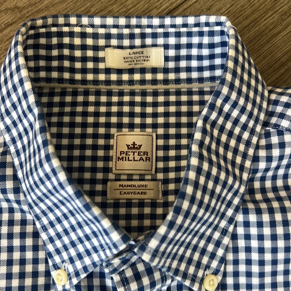 Peter Millar L button down. white and navy gingham